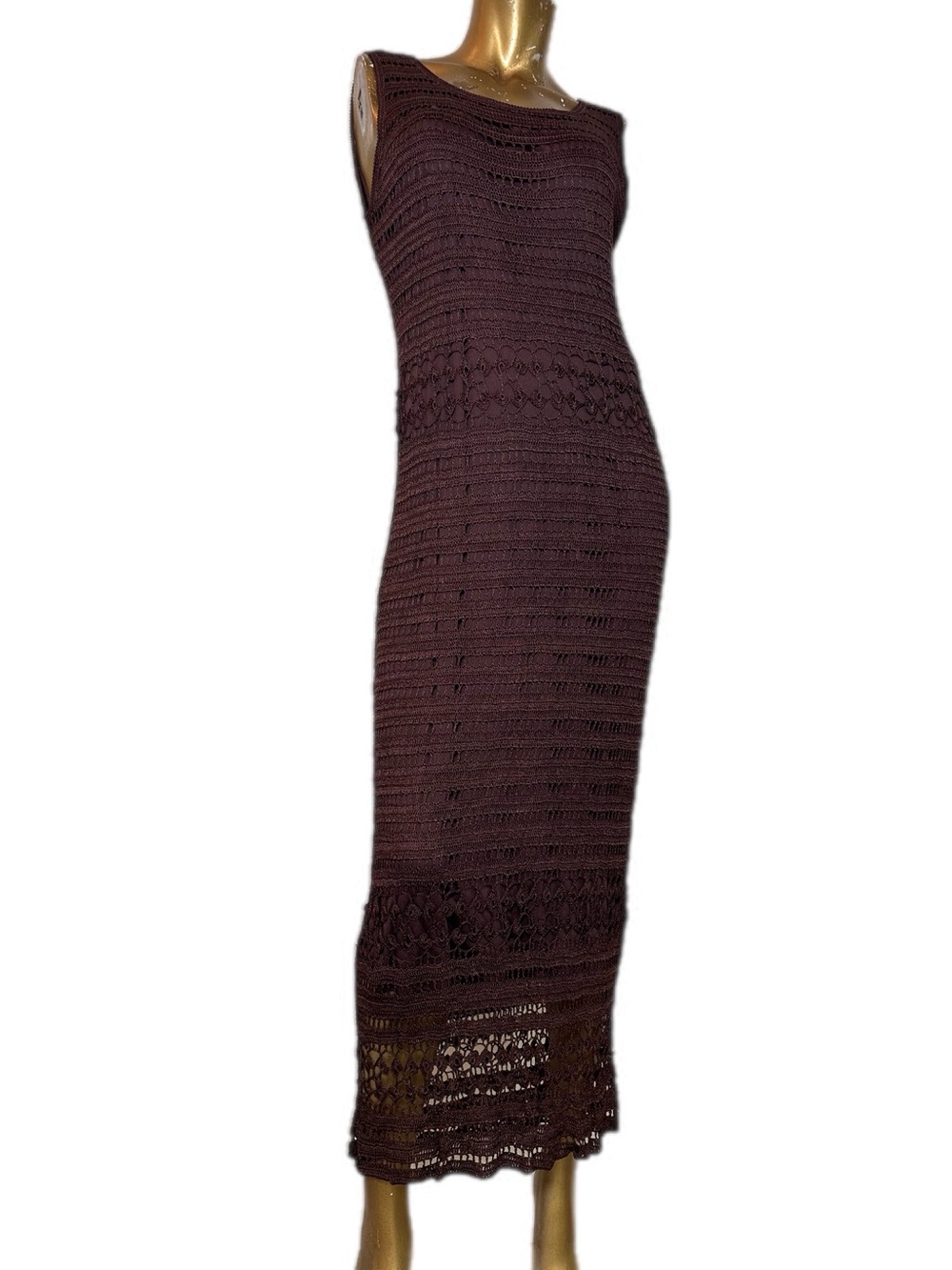 Vintage Chico’s Brown Crochet Sleeveless Maxi Dress Size 3 Open Knit Lined